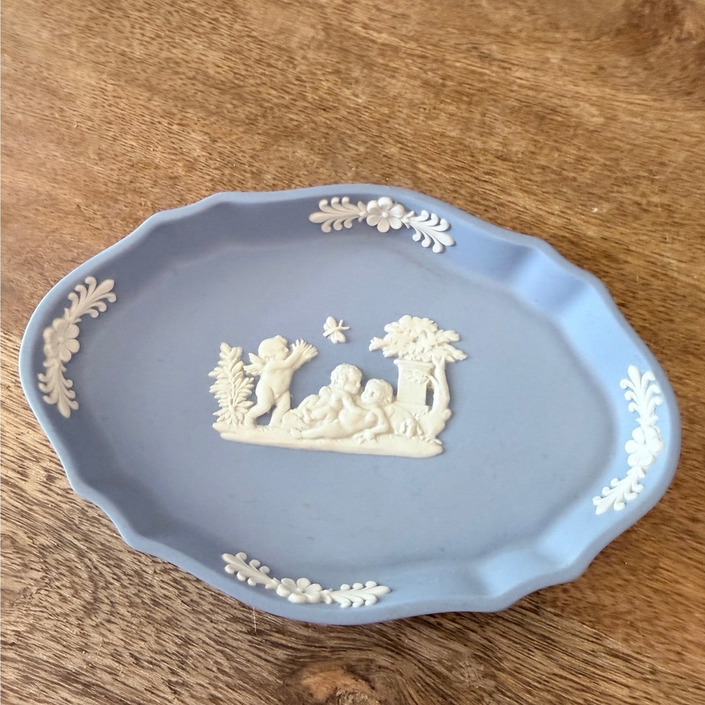 Wedgwood Blue Jasperware Oval Trinket Dish Cherubs Made in England